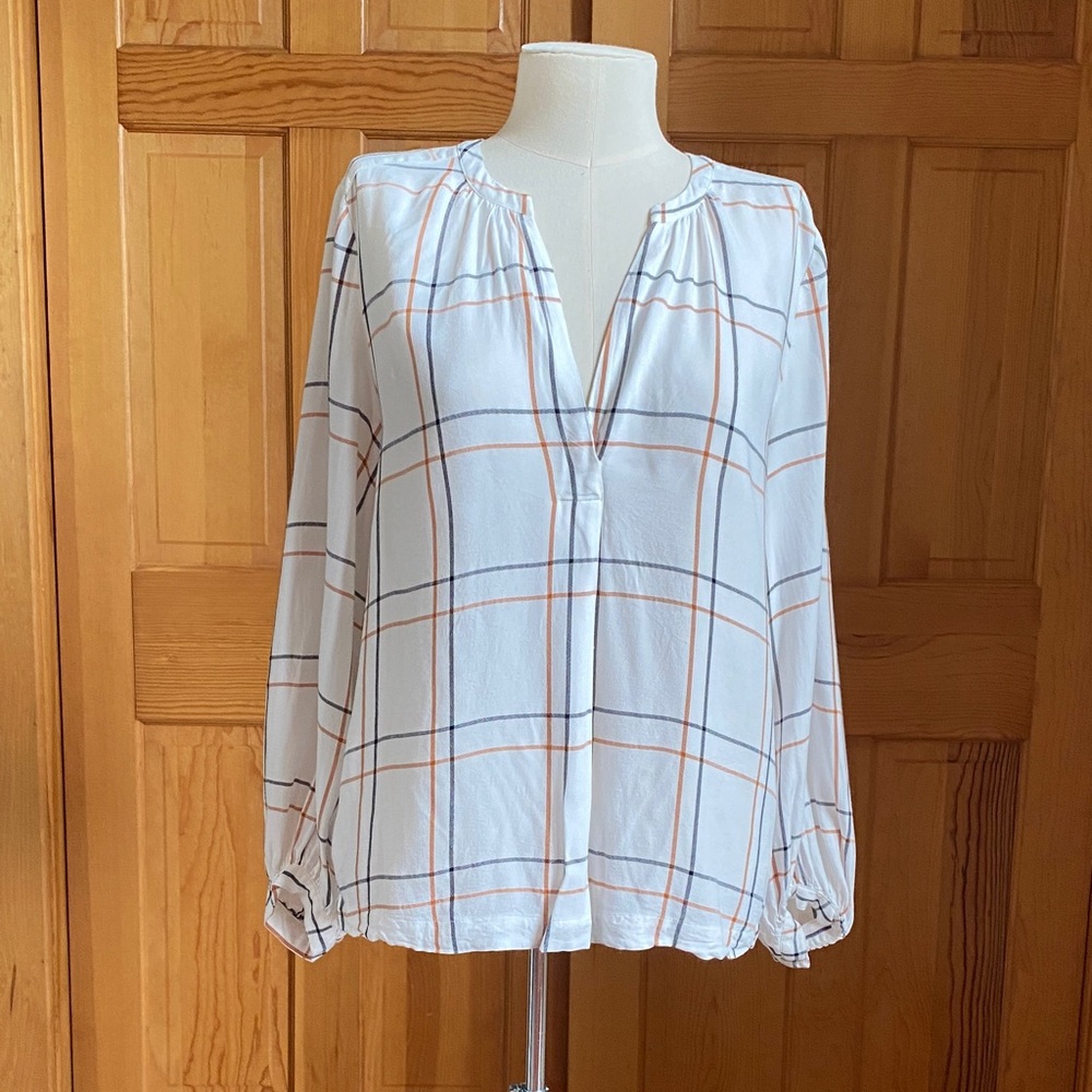 LOFT White Blouse w/ Orange and Black Checks